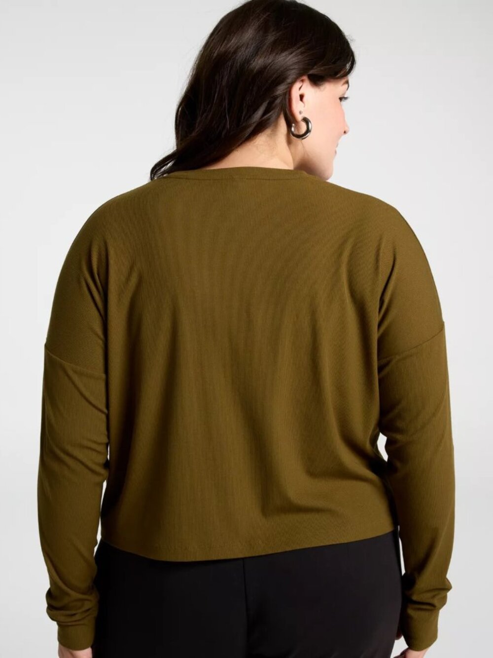 CALIA Women's Everyday Rib Boxy Long Sleeve Tee - Color: Dark Khaki Olive - Picture 7 of 9